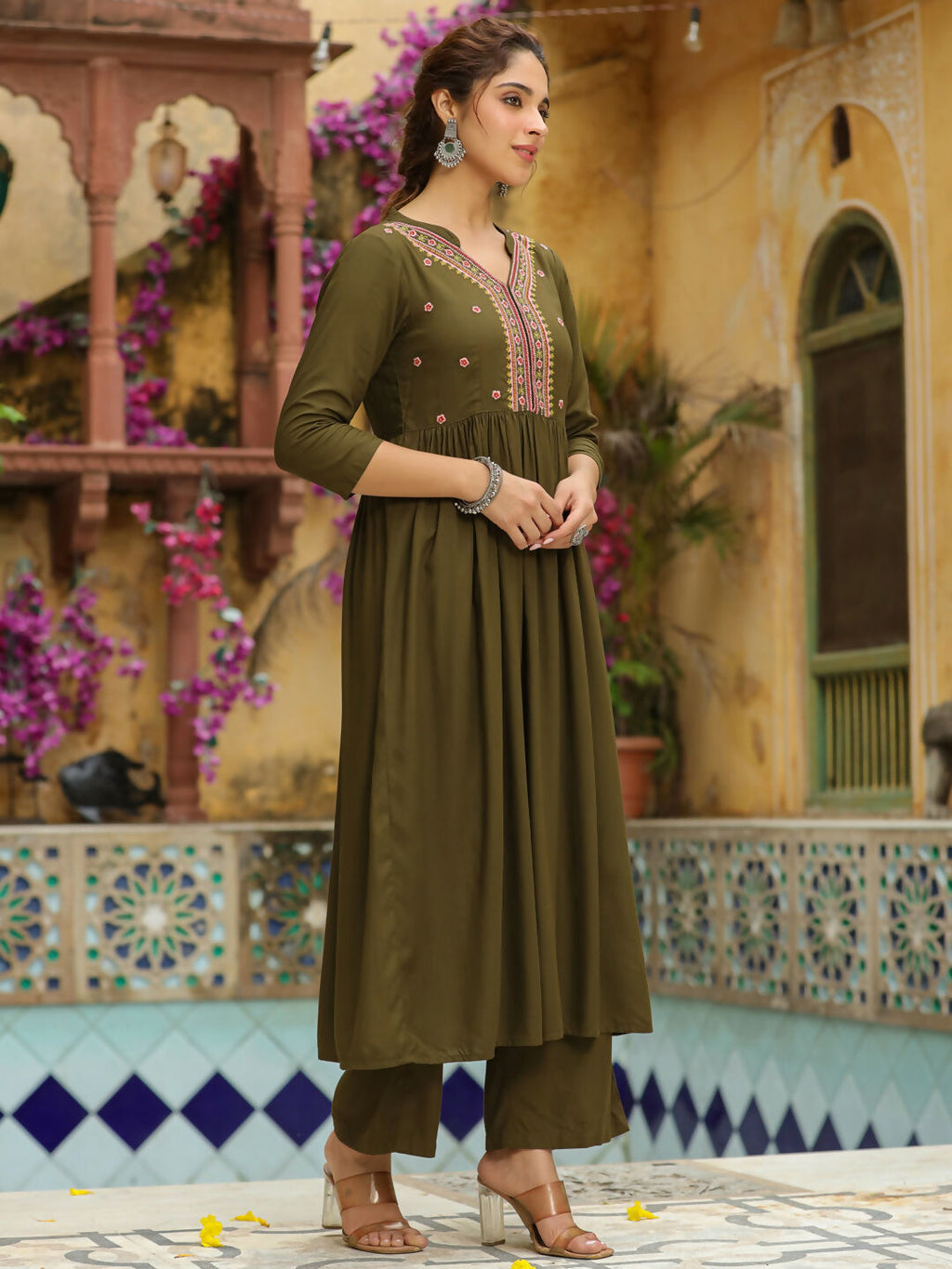 Janasya Olive Rayon Embroidered Kurta & Bottom
