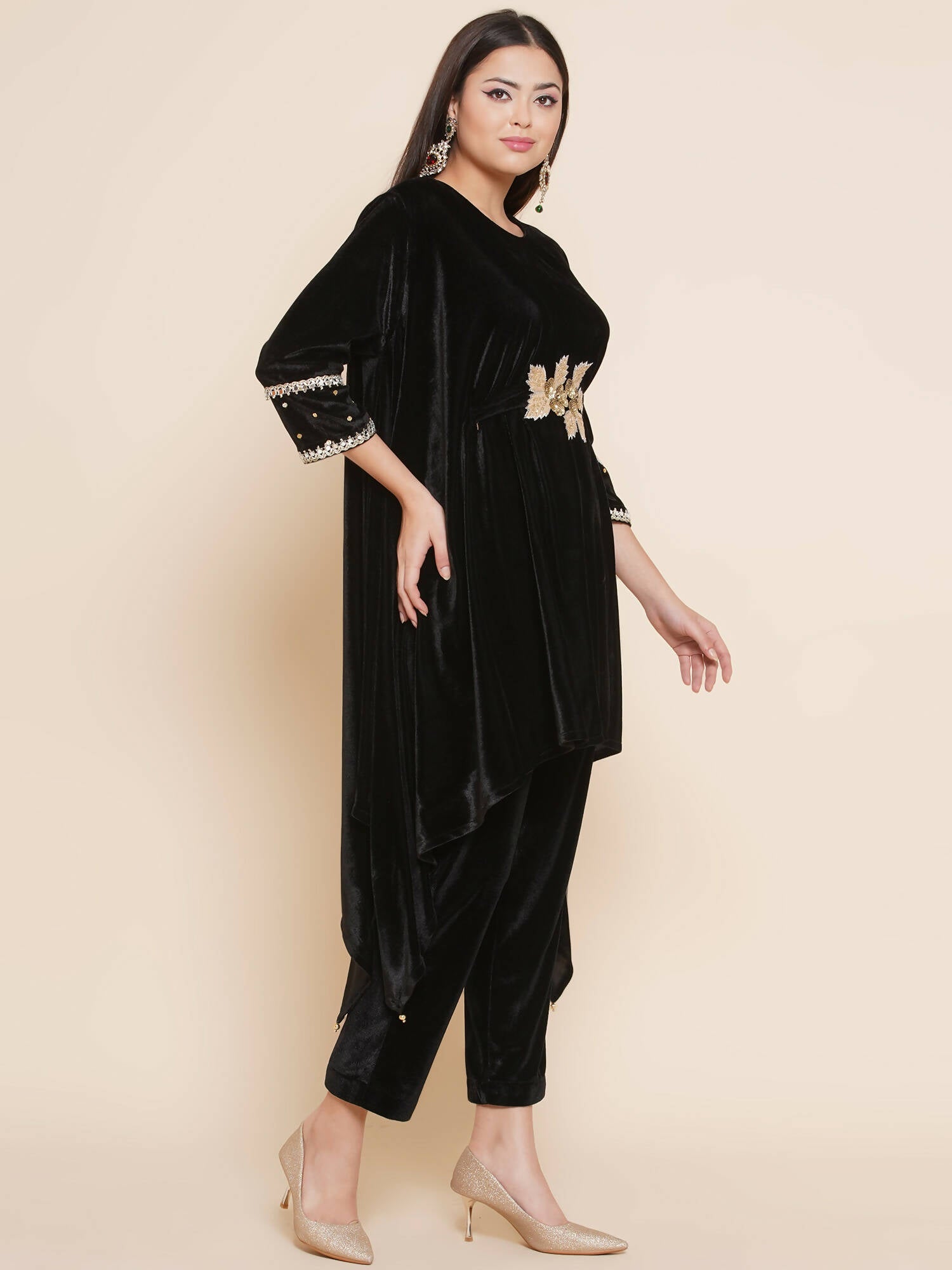 Women Republic Black Velvet Kaftaan Style Kurta With Pants