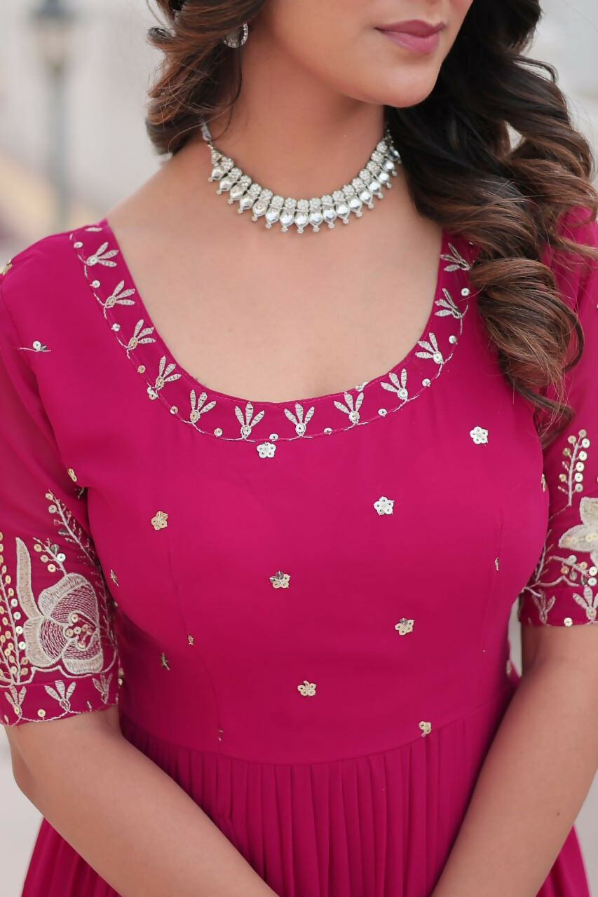 Vastranavya Premium Designer Faux Blooming with Embroidery Zari Sequins work Gown - Pink