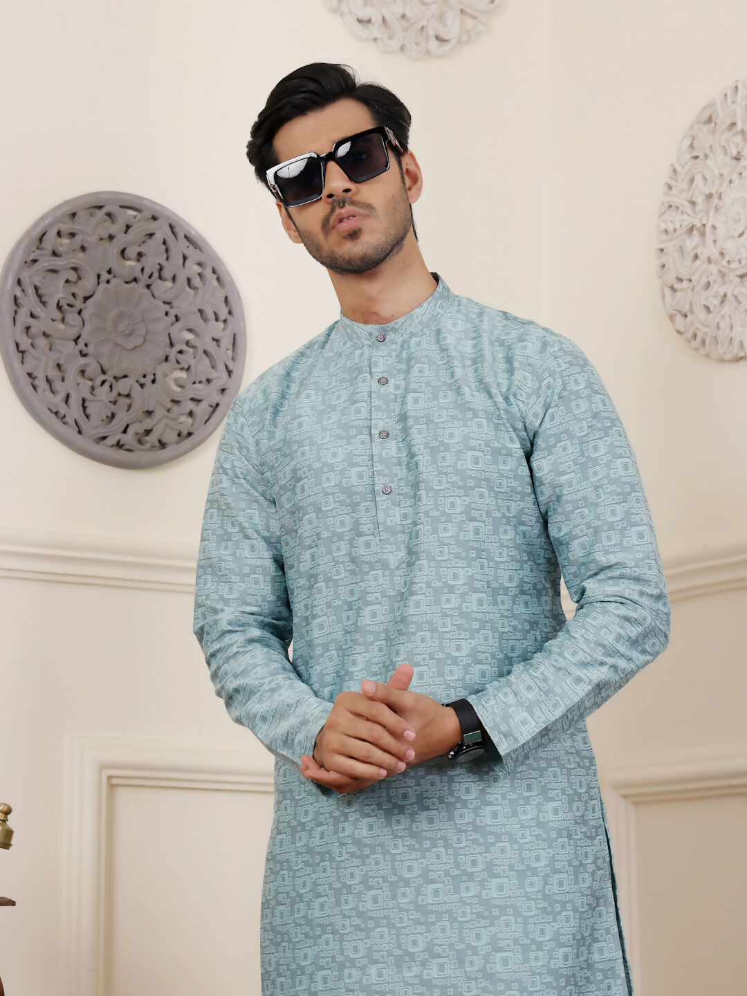 Blue Viscose Woven Jacquard Work Men's Rajwadi Kurta Set - Mahotsav