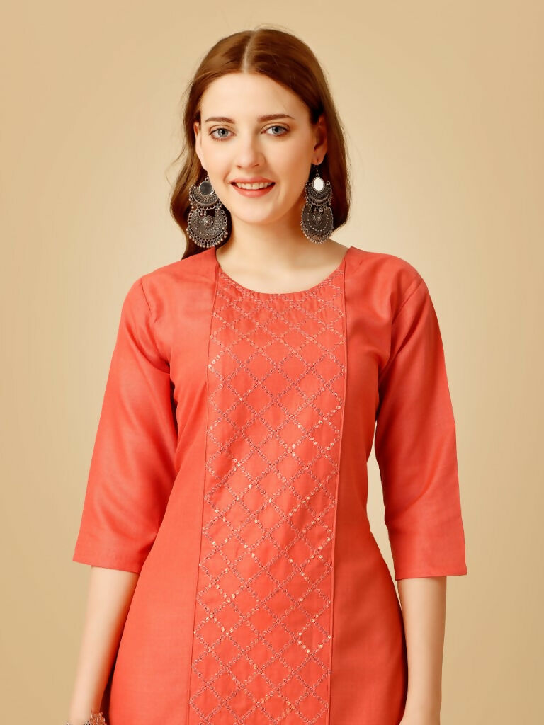 Jyoti Fashion Women's Coral Cotton Blend Embroidered Kurta Pant Set