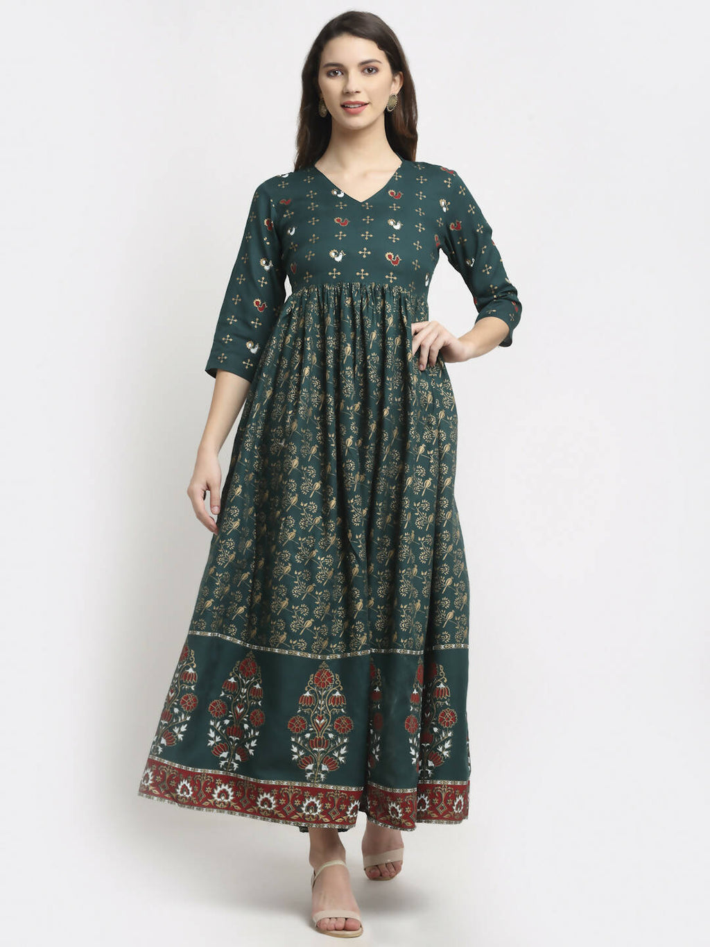 Rudra Bazaar Floral Printed A-Line Flared Green Kurti