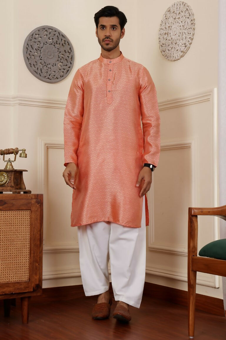 Orange Viscose Woven Jacquard Work Men's Rajwadi Kurta Set - Mahotsav