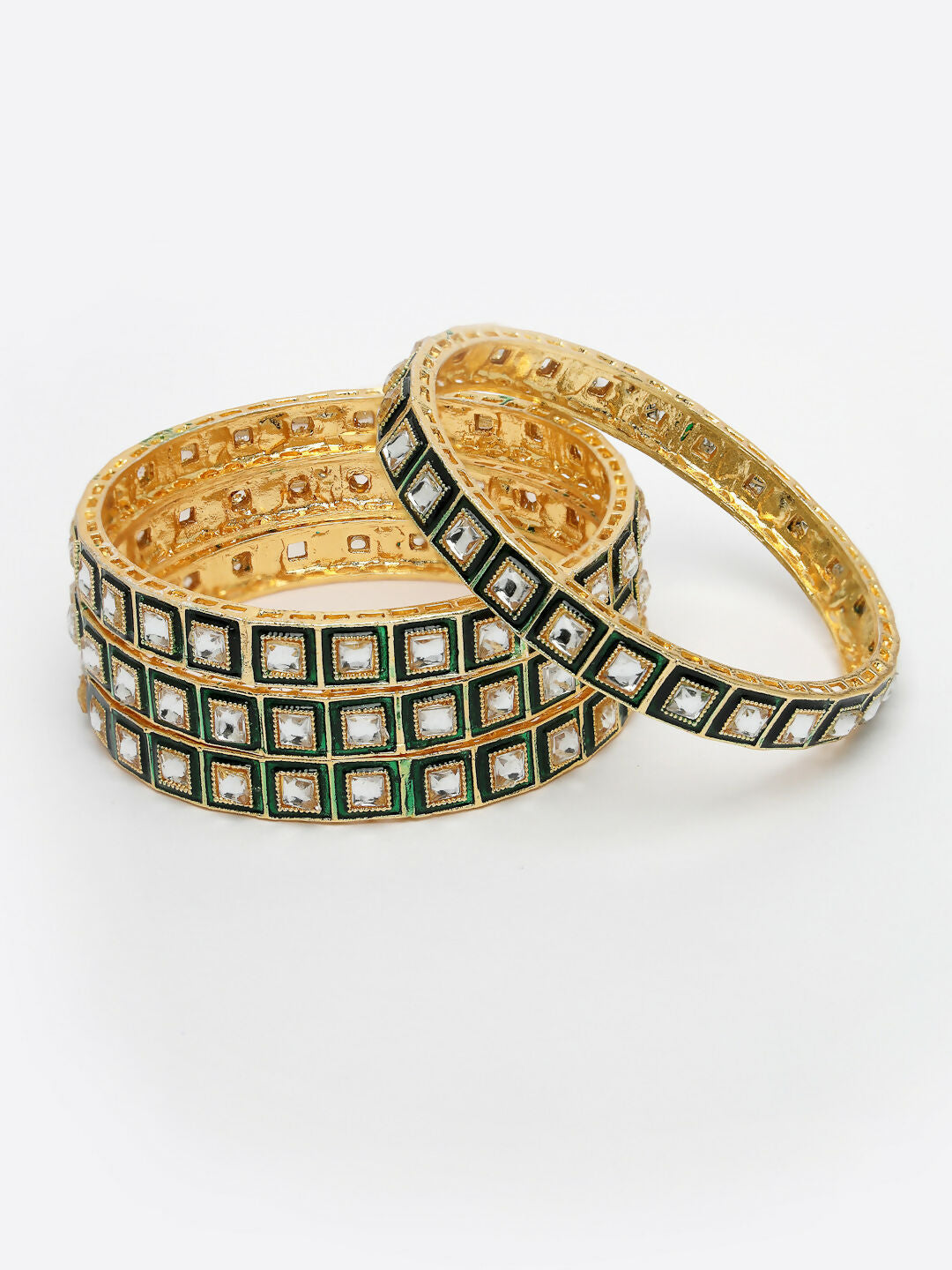 NVR Women's Set Of 4 Gold-Polished Green Kundan-Studded Traditional Bangles