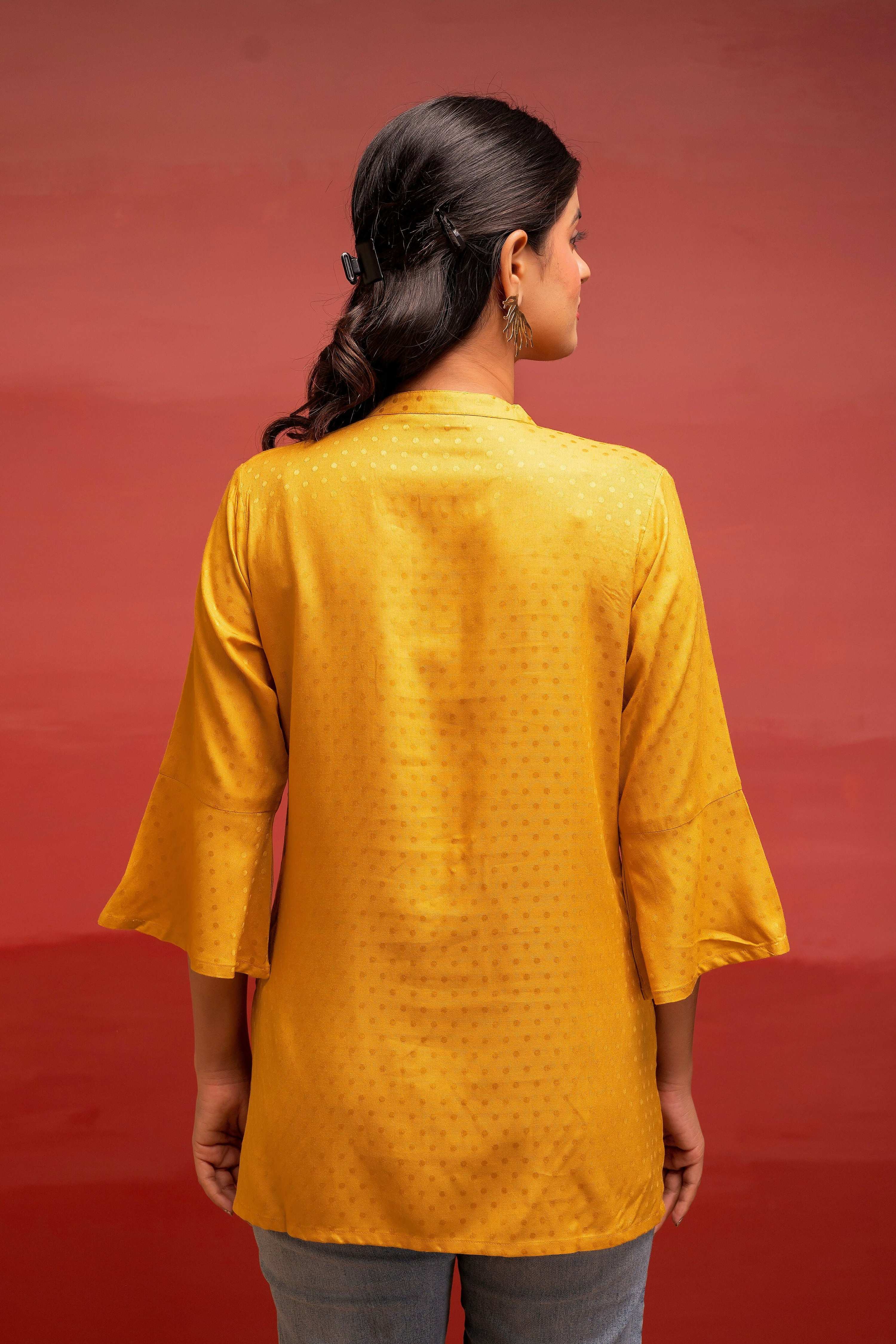 Juniper Mustard Polka Dot Viscose Tunic With Thread Work, Mirror & Button Detailing