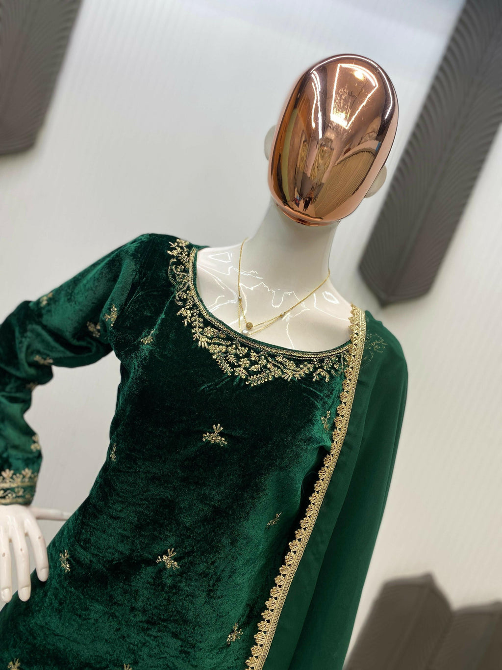 Vastranavya Green Velvet Sequence Embroidery Work Kurta & Bottom With Dupatta
