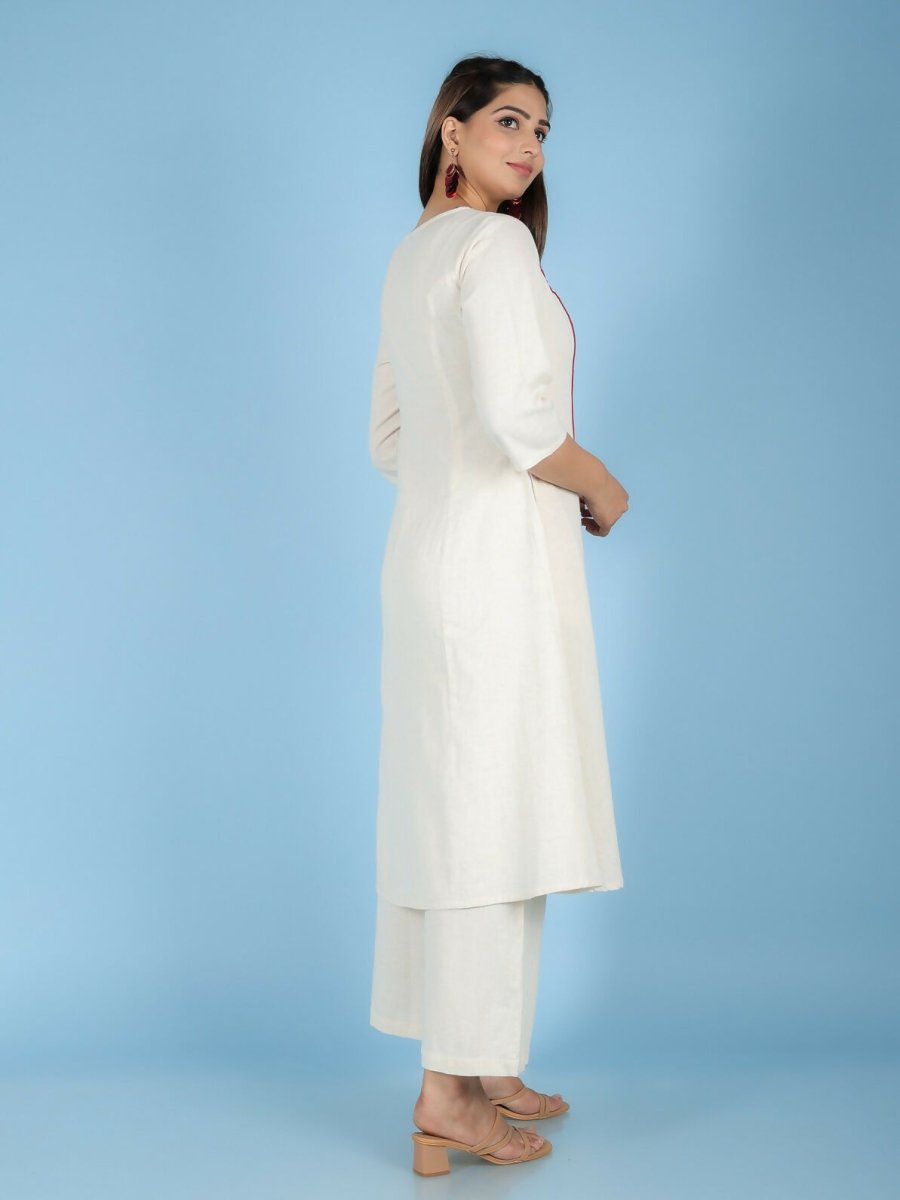 Aramya Cream Linen Cotton Solid Print A-line Kurta Set for Women