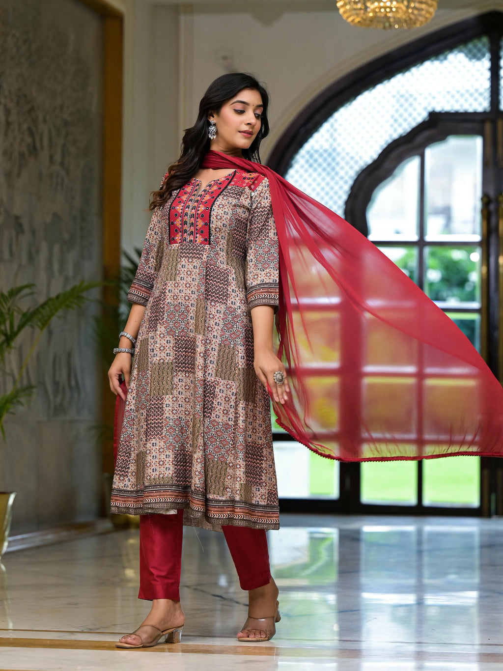 Juniper Women's Multi Color Ethnic Motif Printed Muslin Kurta Pant And Dupatta Set With Coins Thread & Mirror Work