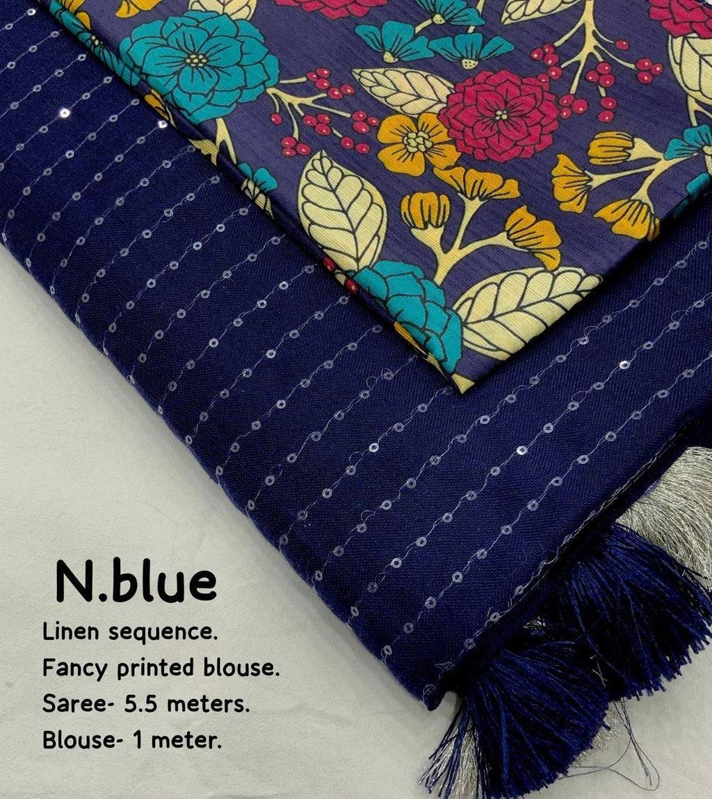Nblue Linen Sequence Saree with Unstitched Blouse - Hiral Fashion