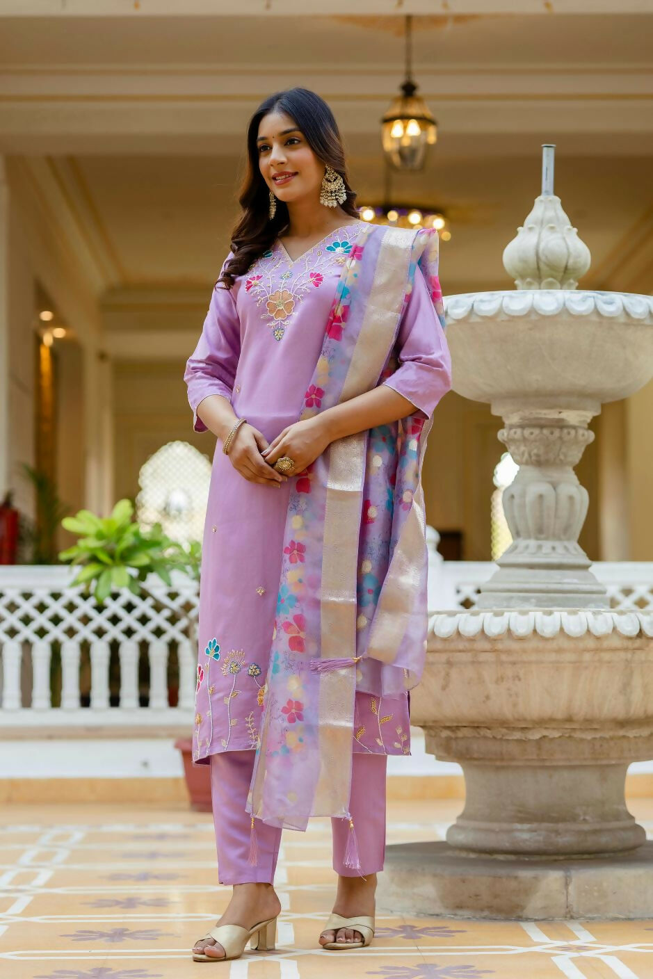 The52 Lavender Women's Gorgeous Embroidered work Viscose Gadhwal Fabric Straight Kurta, Pant and Dupatta Set