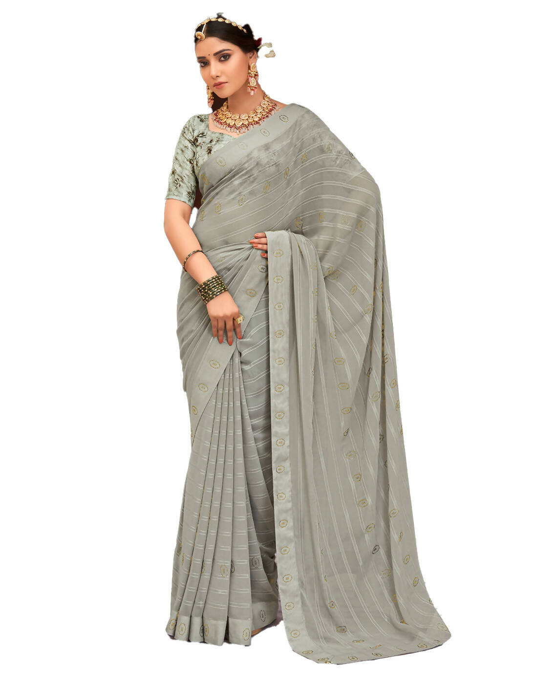 Grey Georgette Swaroski Work Saree With Unstitched Blouse Piece - Juhi