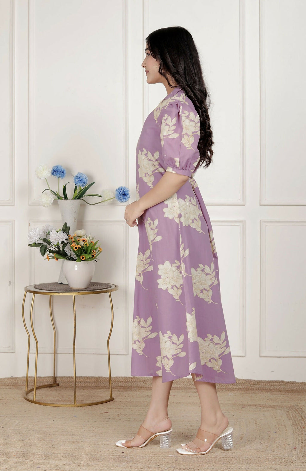 Miravan Womens Lavender Floral Printed A-Line Maxi Dress