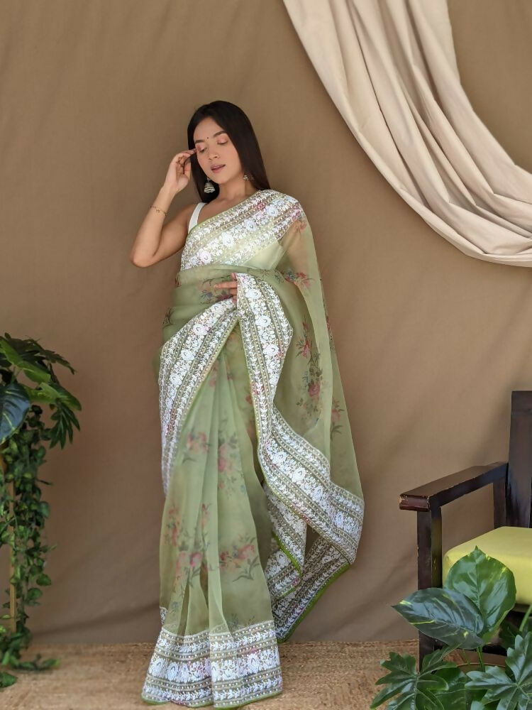 Vamsee White Border Green Organza Saree