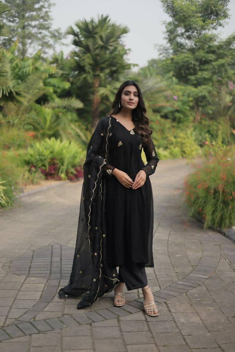 Jyoti Fashion Women's Black Faux Blooming Embroidered Kurta with Trouser & Dupatta