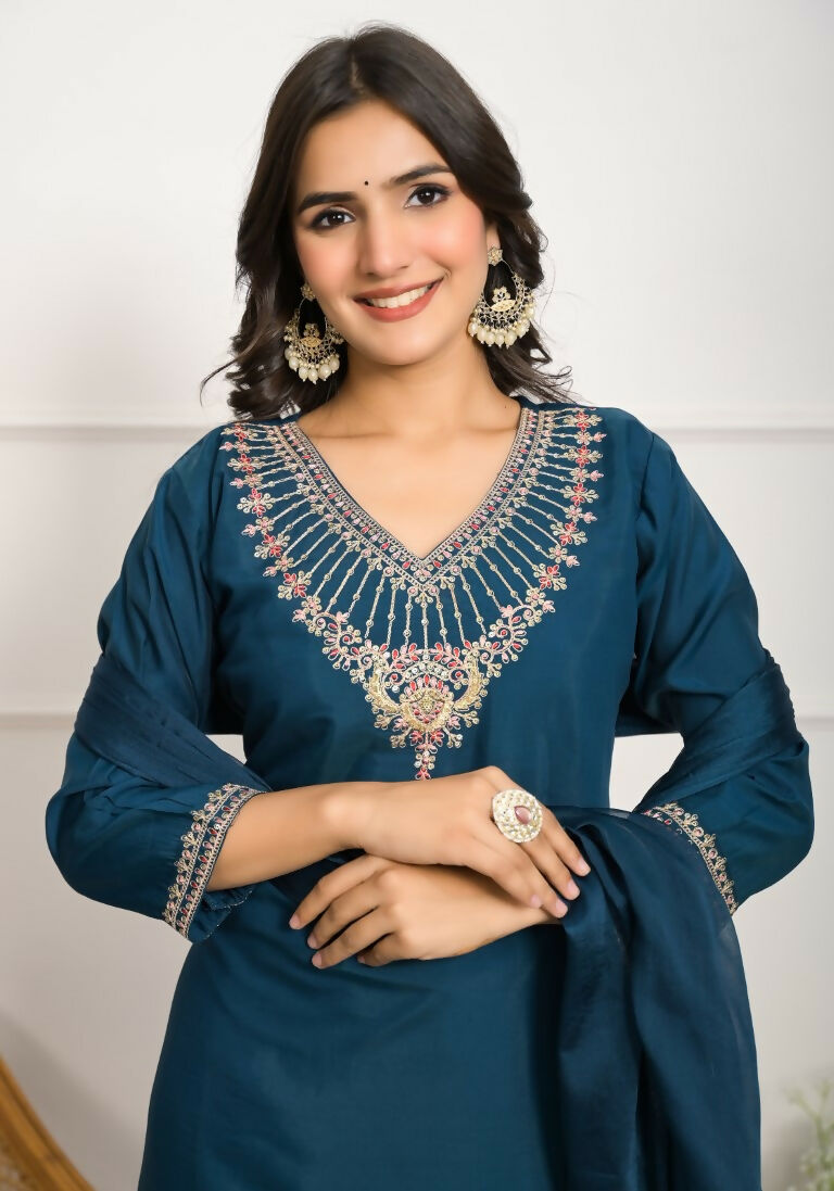 Festive Wear Ethnic Rama Viscose Chanderi Stitched Suit With Dupatta - Tanisha