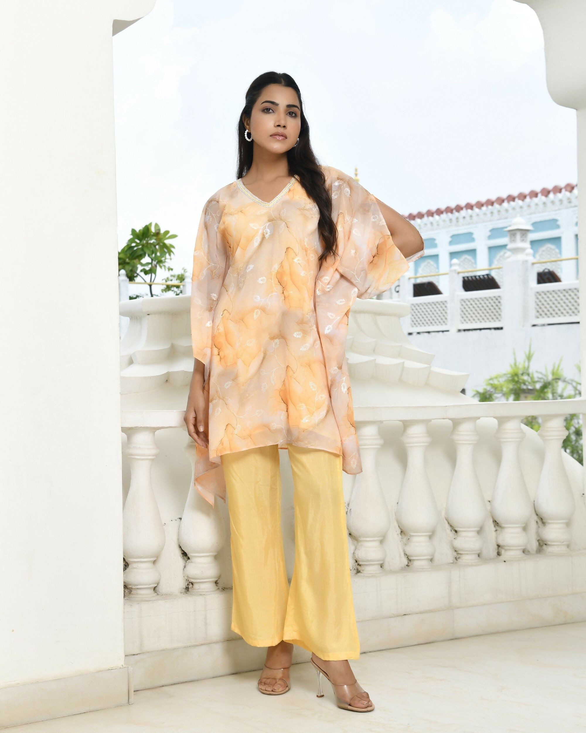 Vaasva Women's Lemon Georgette Marble Print Kaftan Pant Set