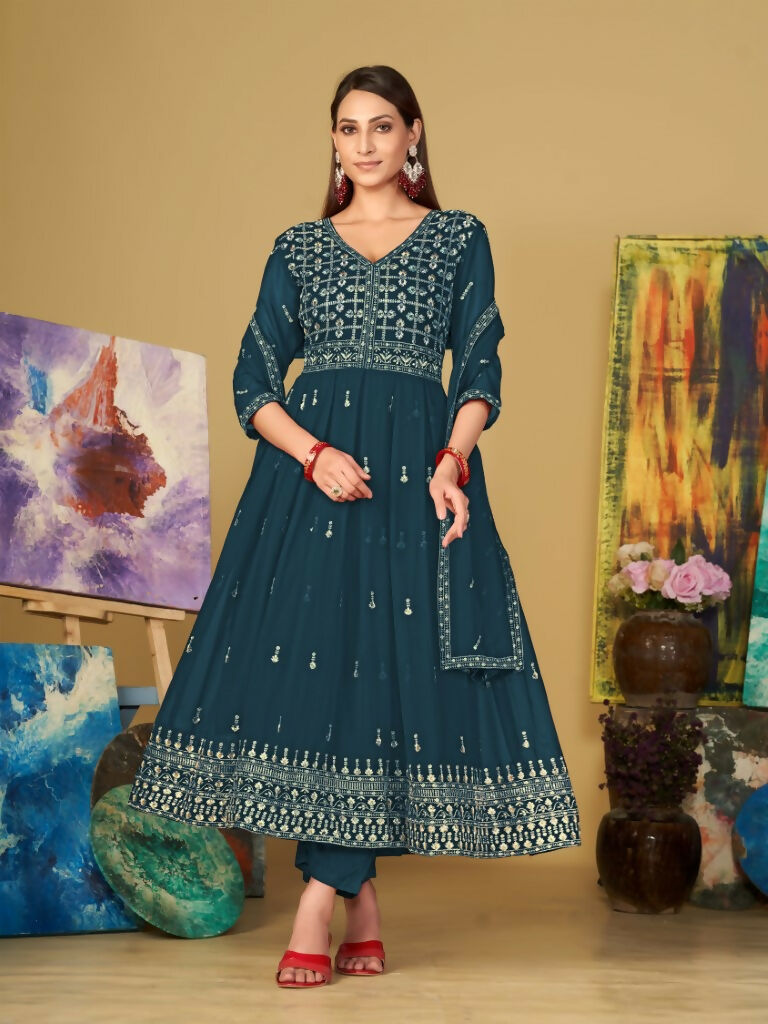 Jyoti Fashion Women's Rama Georgette Embroidered Anarkali Kurta Pant Set With Dupatta