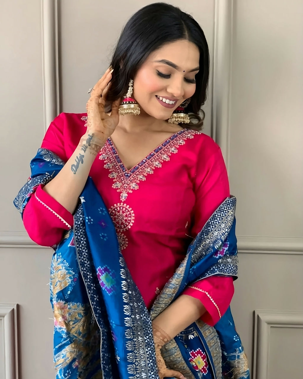 Partywear Designer Viscose Chanderi Red Stitched Suit With Dupatta - Anbazaar