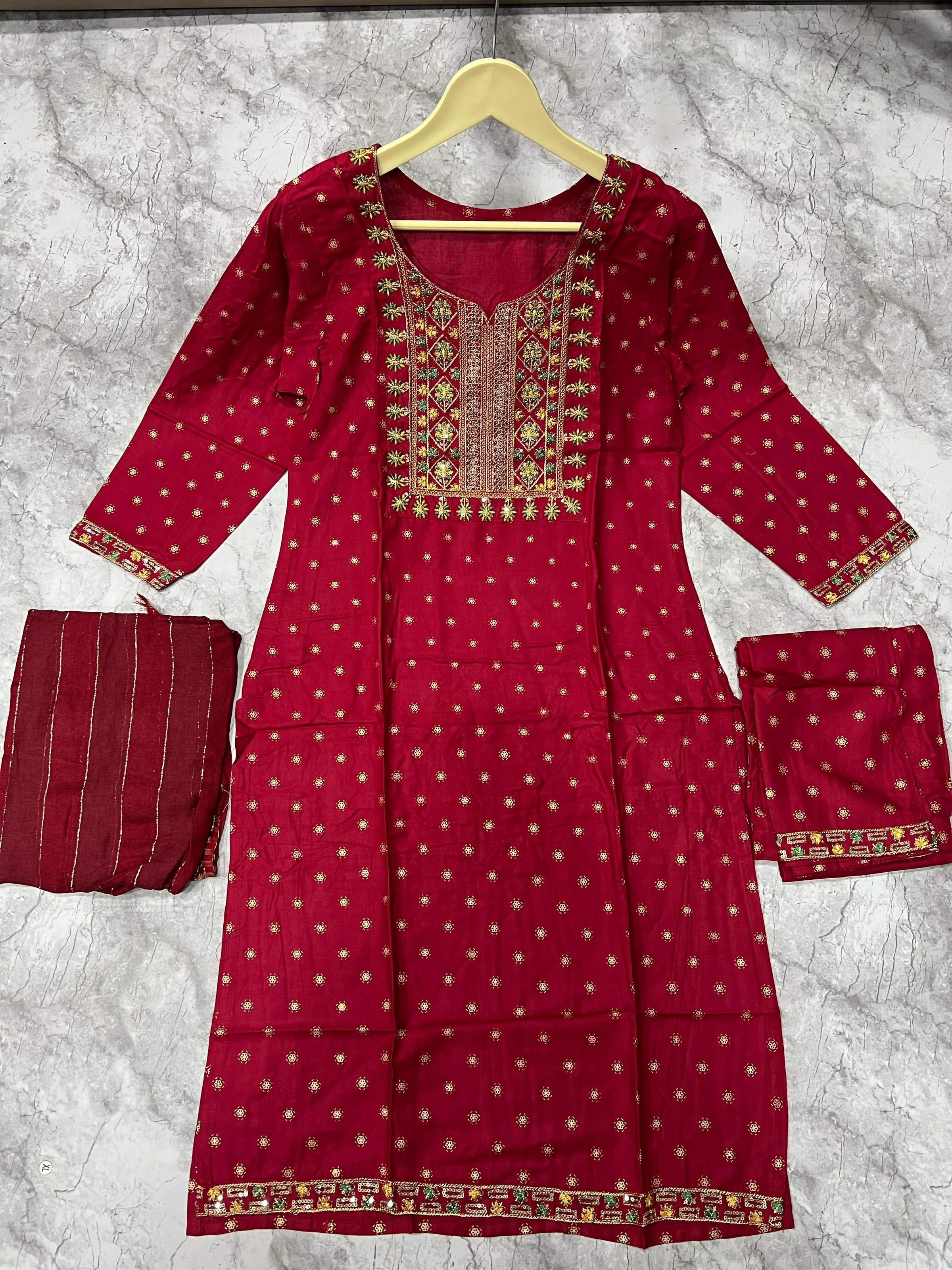 Jyoti Fashion Women's Maroon 14KG Rayon Foil Print with Embroidery Kurta Set