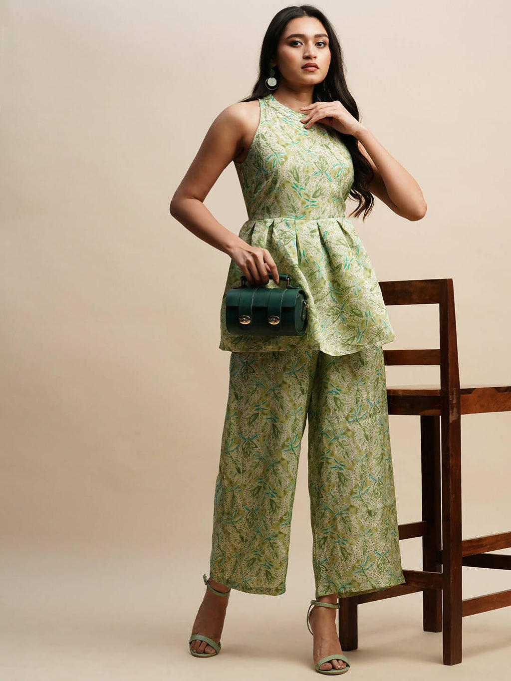 Green Poly Rayon Floral Printed Top with Matching Trouser - Shivani
