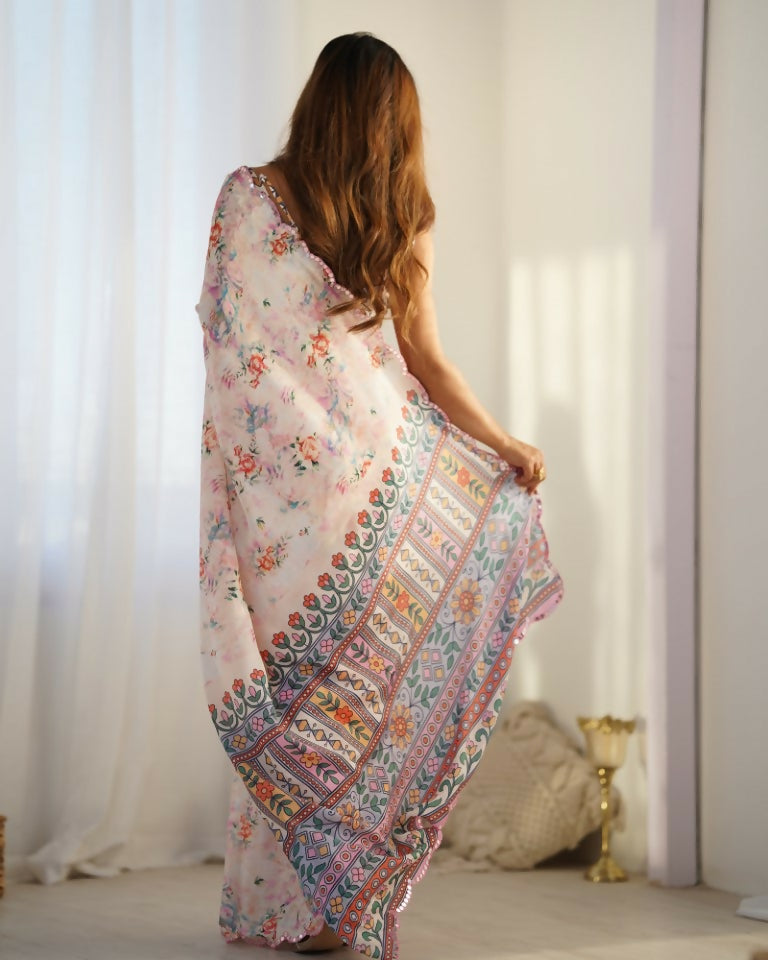 Cream Chinon Designer Digital Printed & Mirror Cut Work Saree - Kriti
