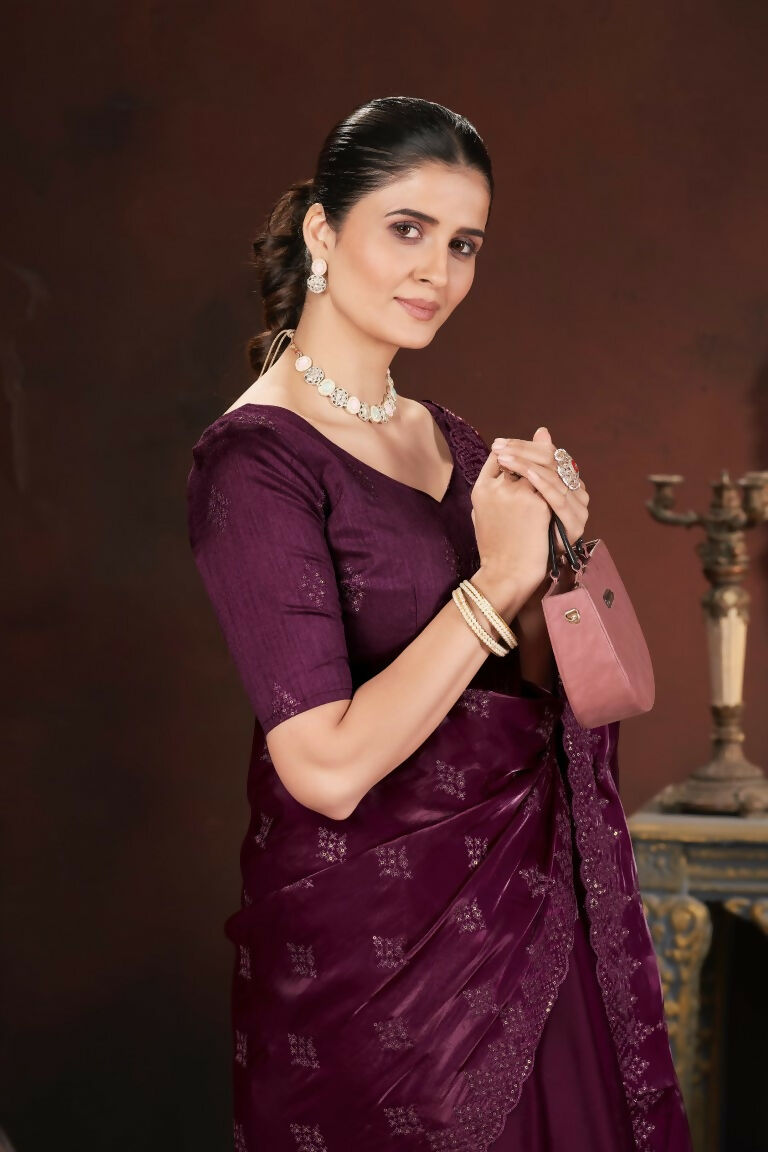 Vastranavya Wine Jimmy Choo Silk 3mm Sequence work with Cross Stitch Embroidery work & Cutwork Border Saree