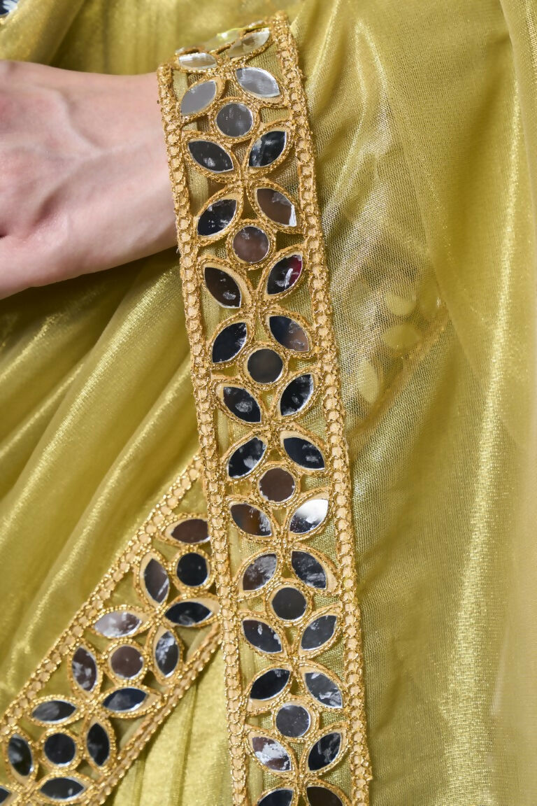 Green Gold Tissue Net Solid & Gold Cotted Saree - Samaa