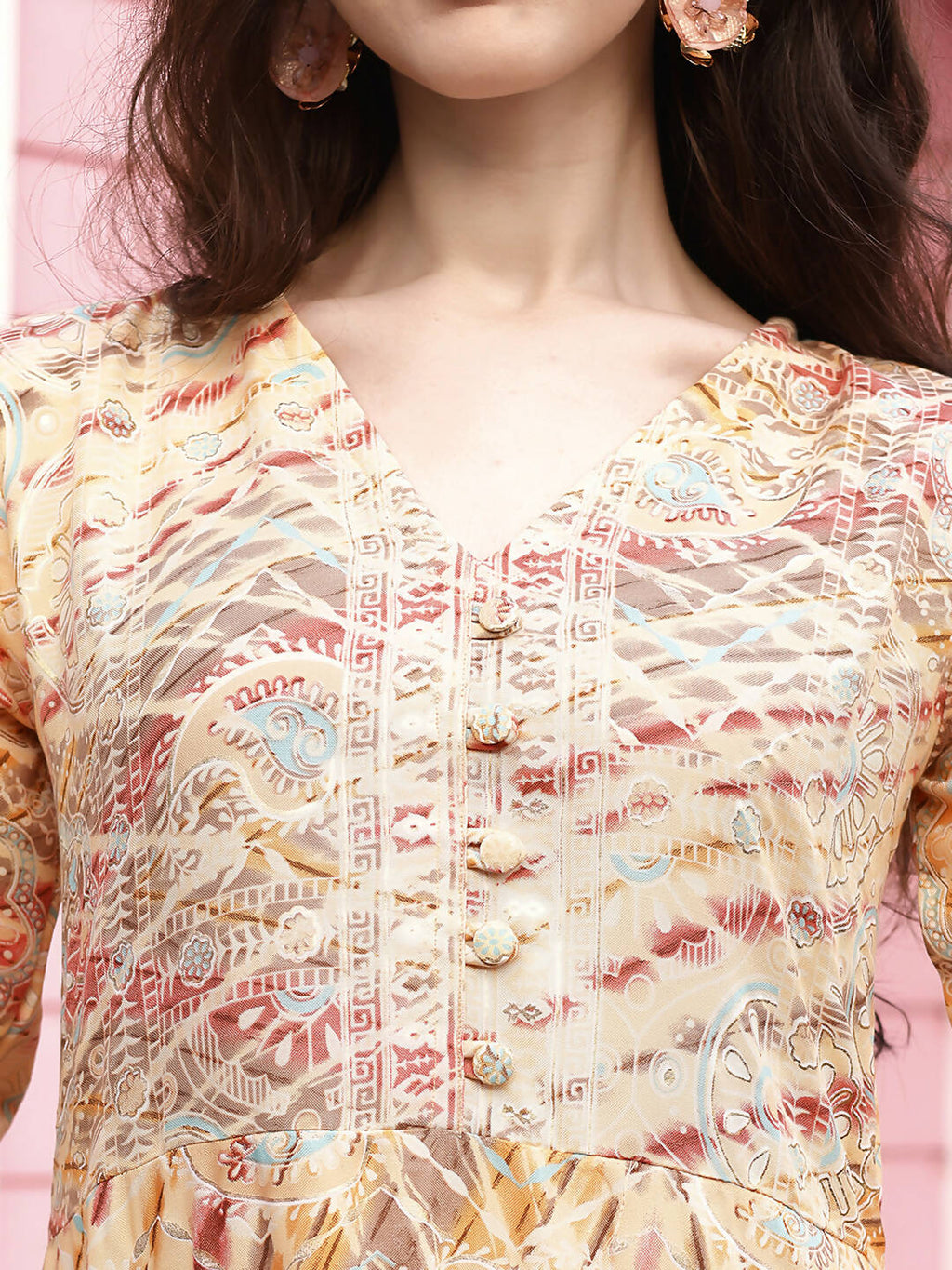 Peach Rayon Foil Printed Long Dress - Michan
