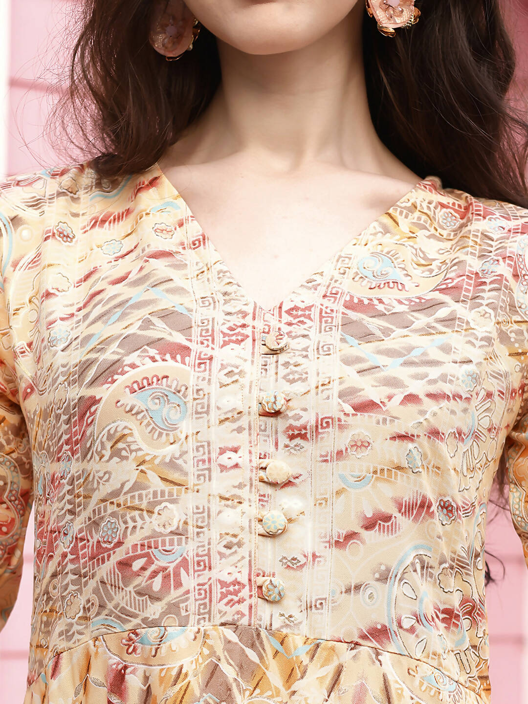 Peach Rayon Foil Printed Long Dress - Michan