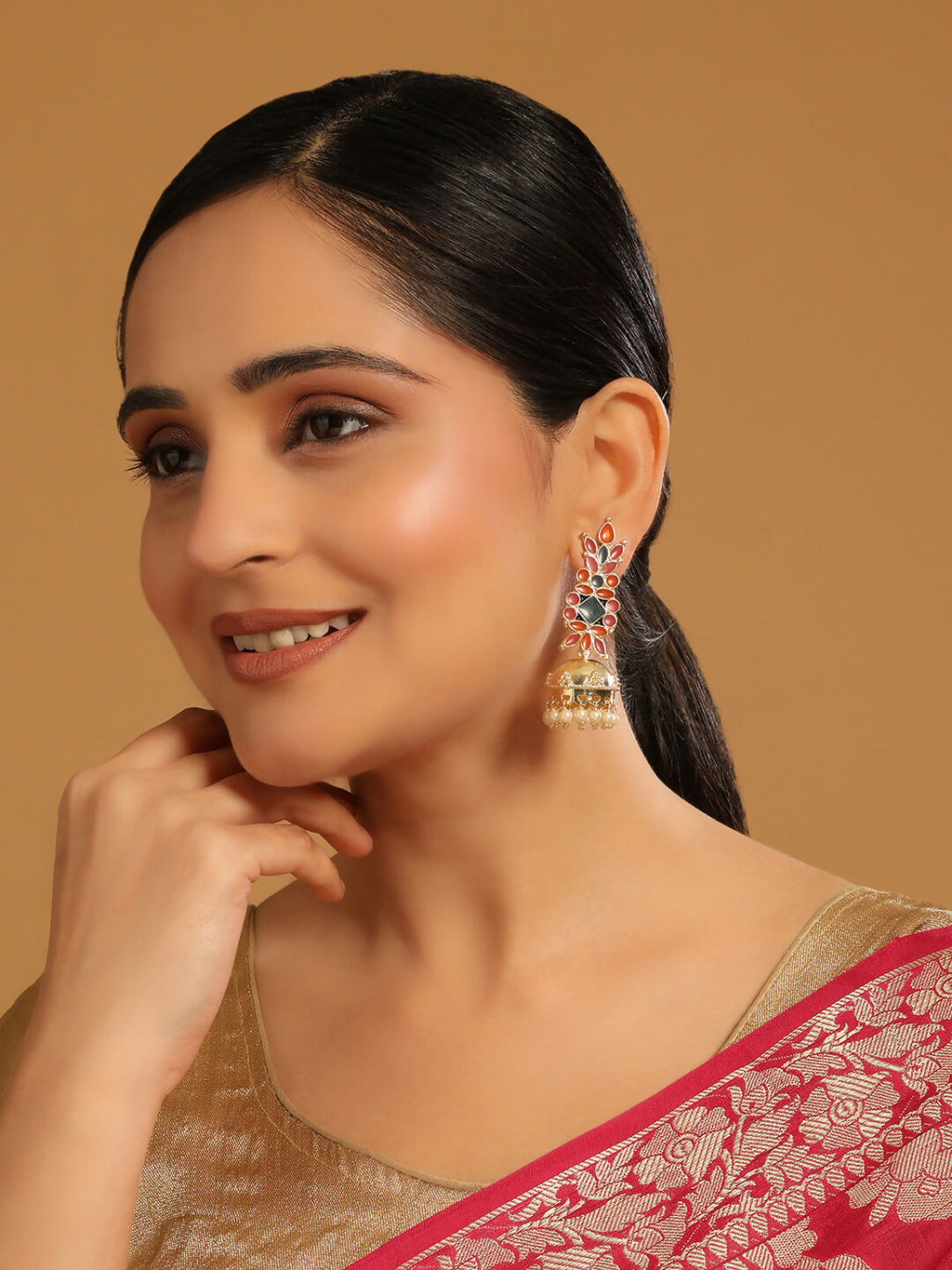 Nuyug 22K Gold-Plated Enamel & Beaded Dome Shaped Jhumka Earrings