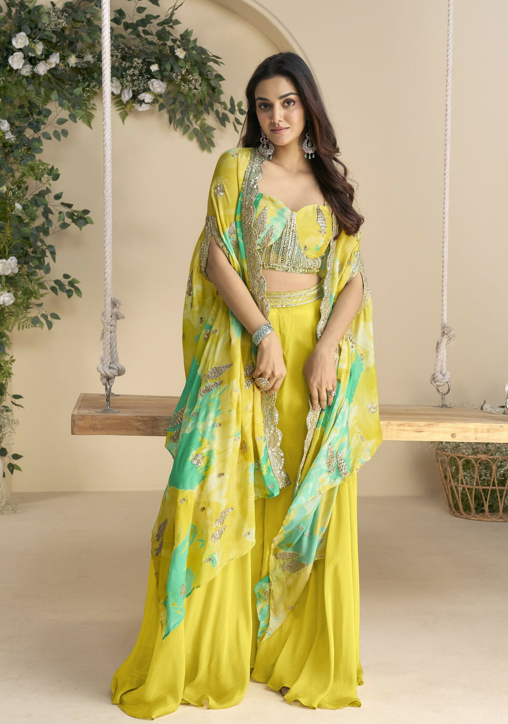 Anaita Mustard Chinon Readymade Shrug Suit with Embroidery Sequence Work