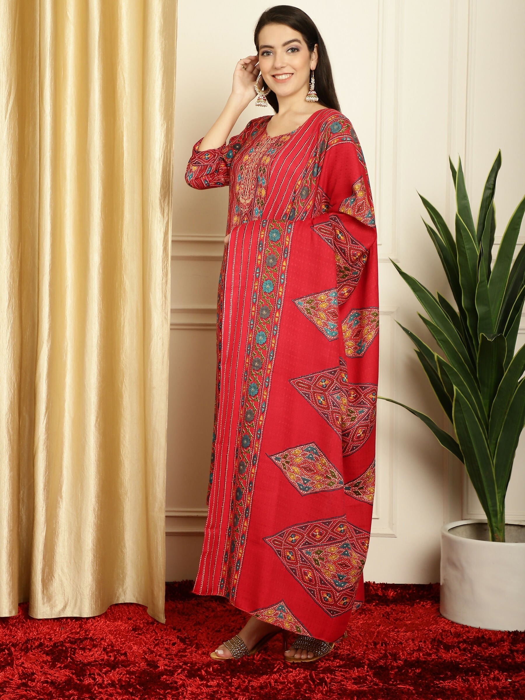 Jyoti Fashion Women's Red Pashmina Floral Digital Printed Kurta with Trouser & Dupatta