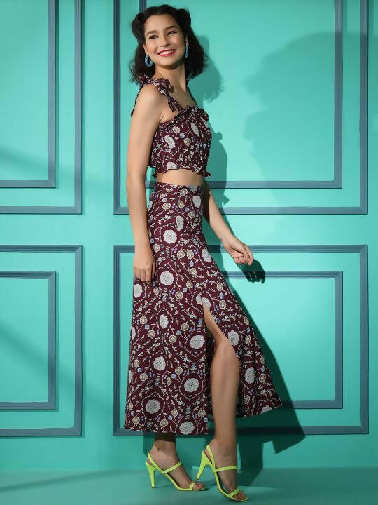 Wine Crepe Floral Printed Top with Matching Skirt - Shivani