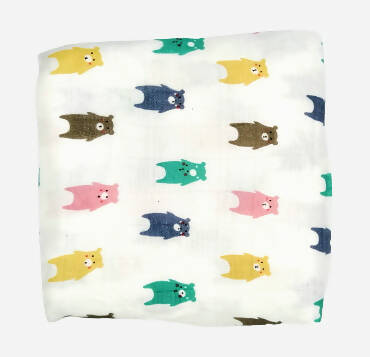 Kindermum Organic Cotton Muslin Swaddle Blanket 110 Cm X 110 Cm - Set Of 2 - Colorful Polka And Bear
