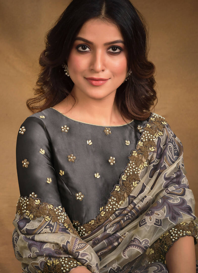 Grey Burning Tissue Designer Saree with Unstitched Blouse - Norita Mahitha