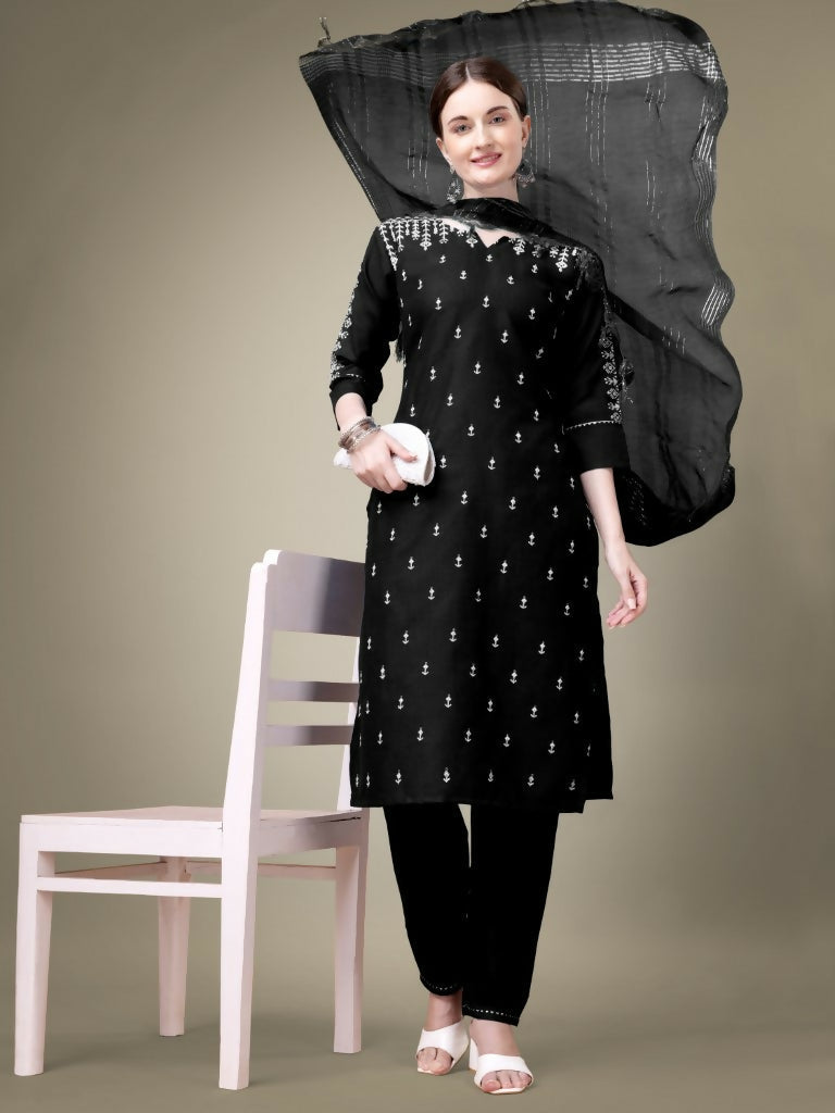 Jyoti Fashion Women's Black Cotton Blend Embroidery & Sequence work Kurta with Trouser & Dupatta