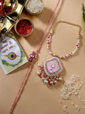 NVR Women & Men Set of 2 Pink Lotus Shape Kundan Stone-Studded & Beaded Bhaiya Bhabhi Rakhi With Roli Chawal