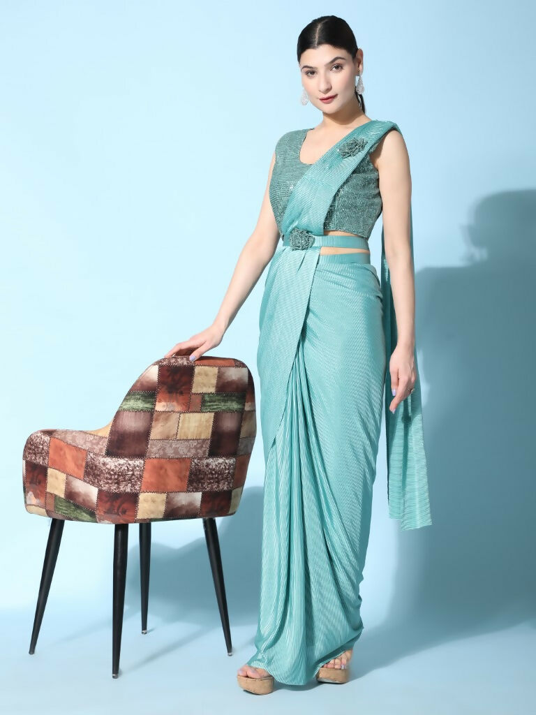 Sea Green Imported Crush Lycra Texture Pattern Ready to Wear Saree with stitched Blouse - Nirvana