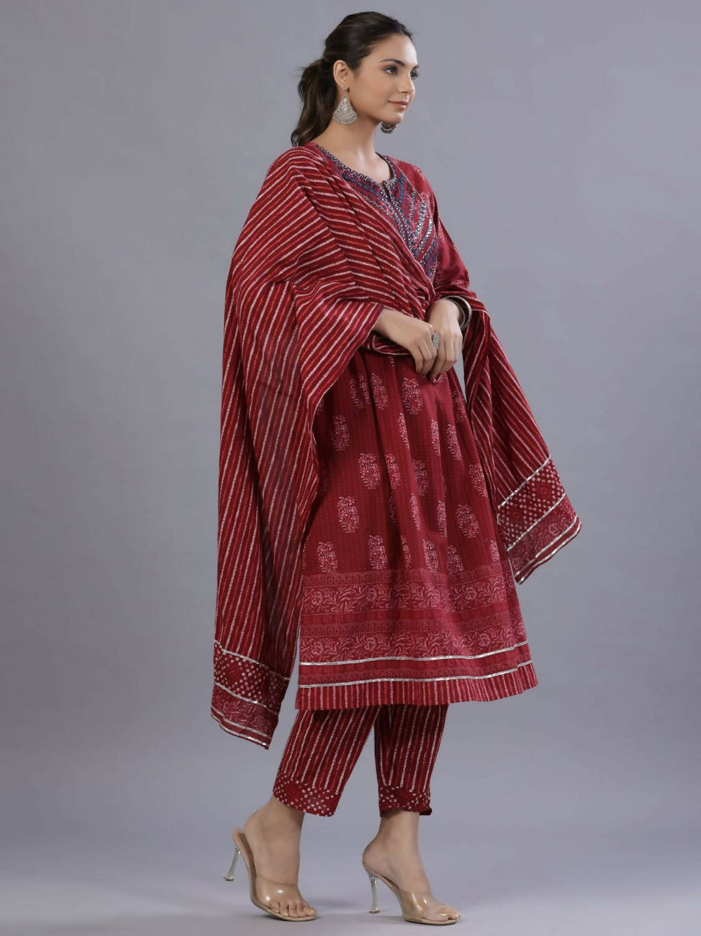Juniper Women Maroon Cotton Cambric Batik texture Printed Kurta, Pants and Dupatta Set