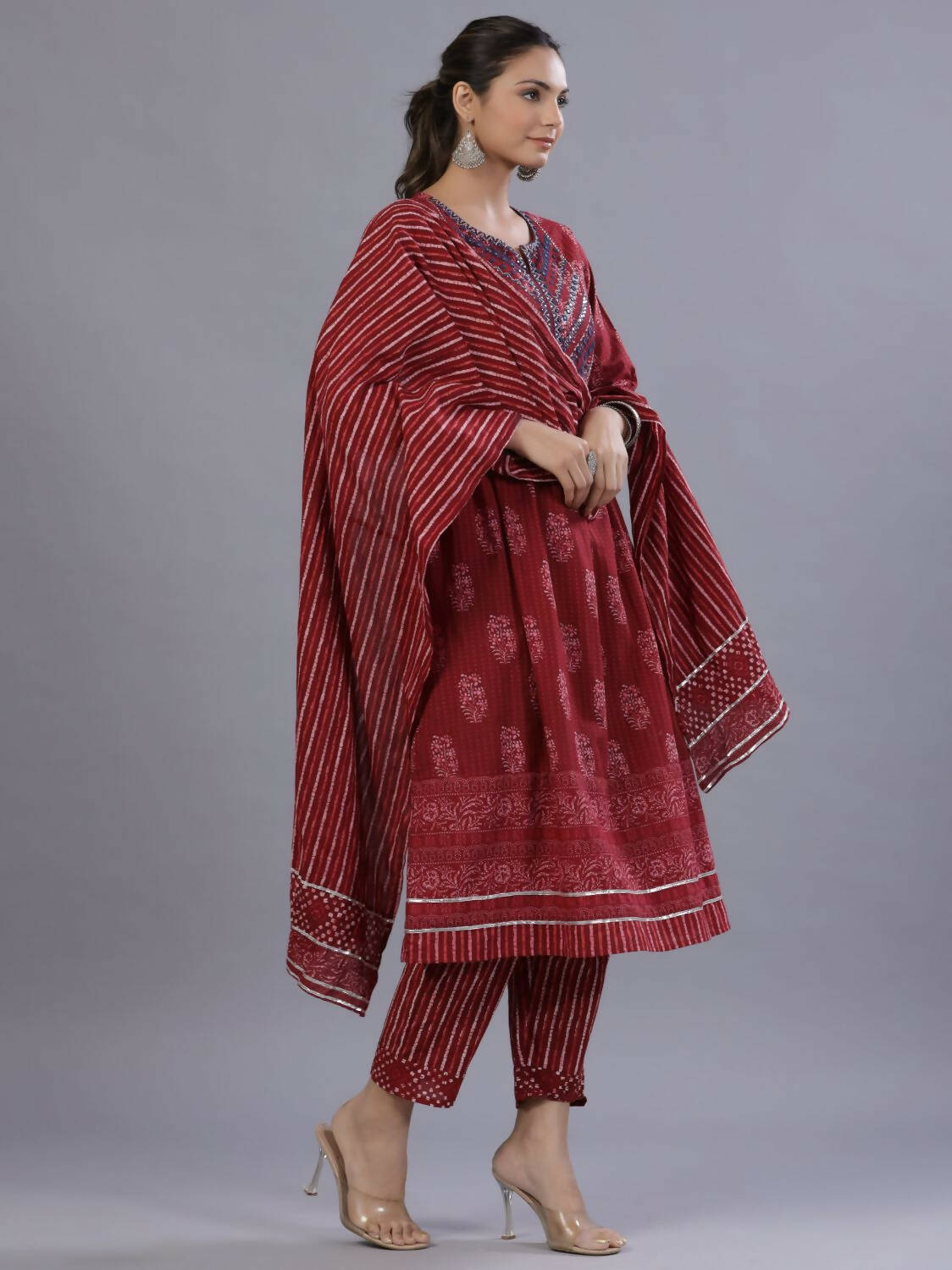 Juniper Women Maroon Cotton Cambric Batik texture Printed Kurta, Pants and Dupatta Set
