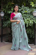 Pine Pure Linen Ethnic Motifs Saree with Unstitched Blouse - A2M