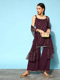 Ahalyaa Women Wine Colour Crepe Gold Printed Kurta Sharara Set