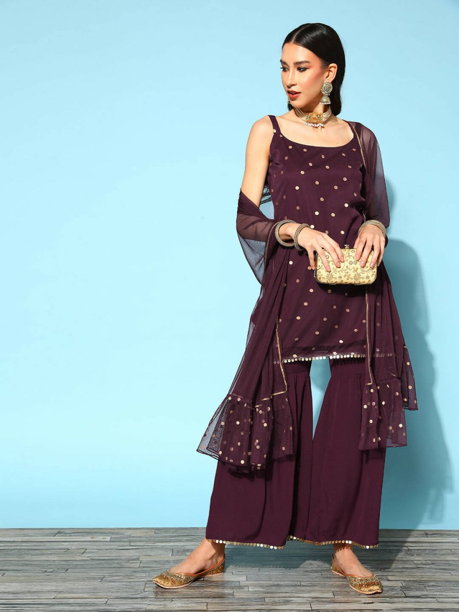 Ahalyaa Women Wine Colour Crepe Gold Printed Kurta Sharara Set