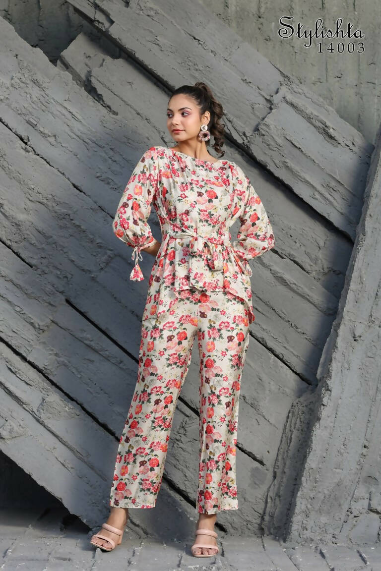Women's Partywear Designer White & Multi Muslin co-ord set - Stylishta