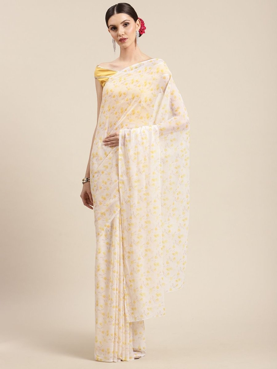 Ahalyaa Yellow Chiffon Digital Print Floral Saree