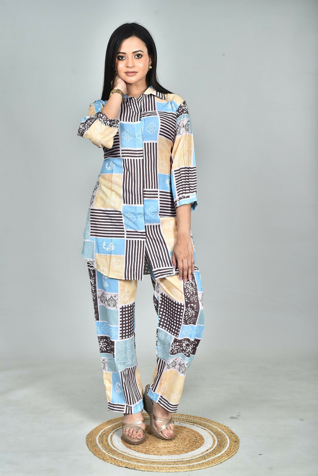 Morchari Digital Print Semi Muslin Co-Ord Set Top & Trouser-Multicolor