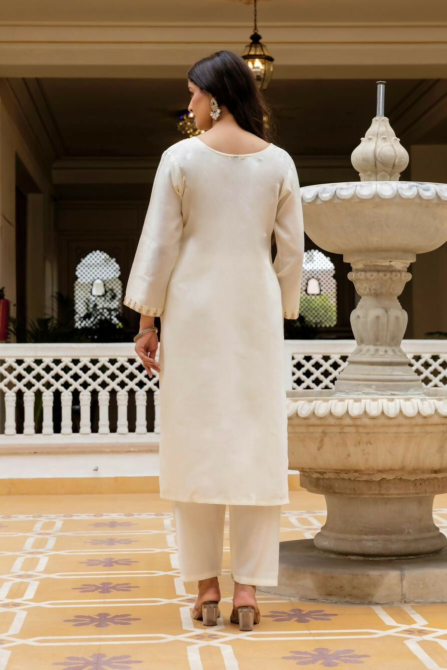The52 White Women's Beautiful Viscose Chanderi Fabric Embroidered Work Straight Kurta Pant and Dupatta Set