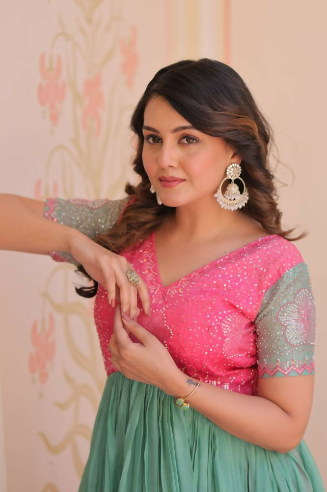Vastranavya Pink Gold Crush Padding With Beads Embroidered Work Gown