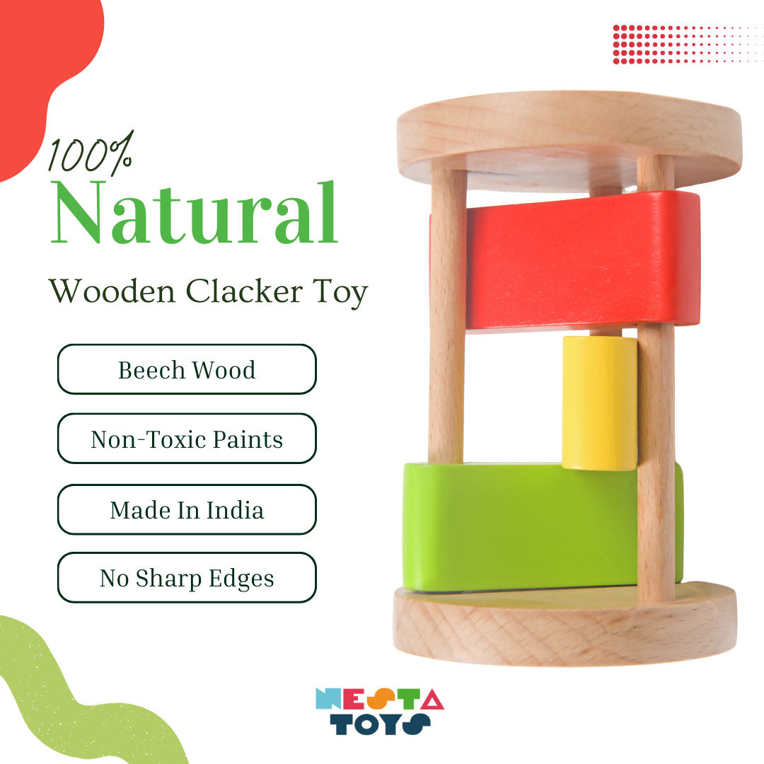 Nesta Toys Wooden Rattle Roll Clacker for Babies (6+ Months), Musical Toy for Sensory Exploration and Fine Motor Skills Development, Montessori Toy