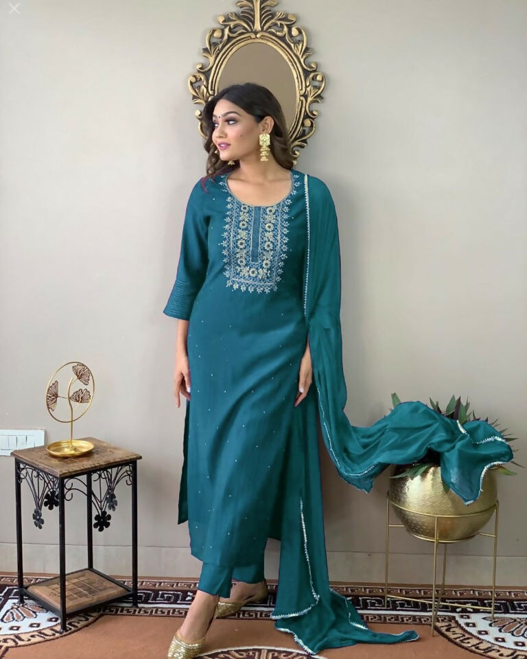 Partywear Designer Firozy Rayon Slub Stitched Suit With Dupatta - Tanisha